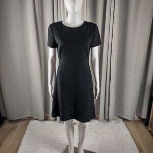 Liz Claiborne Women Petite Sheath Short Sleeve Back Zip Black Midi Dress Size 8P
